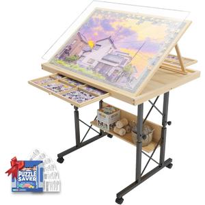 1500 Piece Jigsaw Puzzle Table with Legs for Adults, 5-Tilting-Angle & Height Adjustable Table with Draws, Wooden Puzzle Board with Extended Support Bar & 4 Wheels (small 1500 pcs)