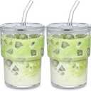 13oz Glass Tumbler with Straw and Lid, Leak Proof Iced Coffee Cup, Thick Wall BPA Free Drinking Glass Water Cups for Iced Coffee, Matcha, Smoothie and Travel-(Clear-2pack)