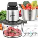 Ganiza Food Processor, 2-Speed Food Chopper Meat Grinder with 8 Cup Stainless Steel & 8 Cup Glass Bowls, Upgraded Button & Smart Overheat Protection Light - Includes Clean Brush, 2 Sets of Blades (Silver)