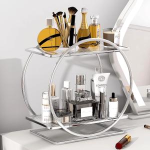 Perfume Organizer for Bedroom Dresser- Sliver Makeup Organizers for Vanity, 2 Tier Bathroom Countertop Organizer Perfume Tray Skincare Storage Cosmetic Display Rack, Make Up Counter Shelf (Silver, Circular)