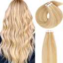 Loxxy Tape In Hair Extensions Piano Light Golden Brown Mixed With Platinum Blonde Real Remy Human Hair Tape ins Straight Double Sided Skin Weft Thick End 20pcs 50g 18Inch