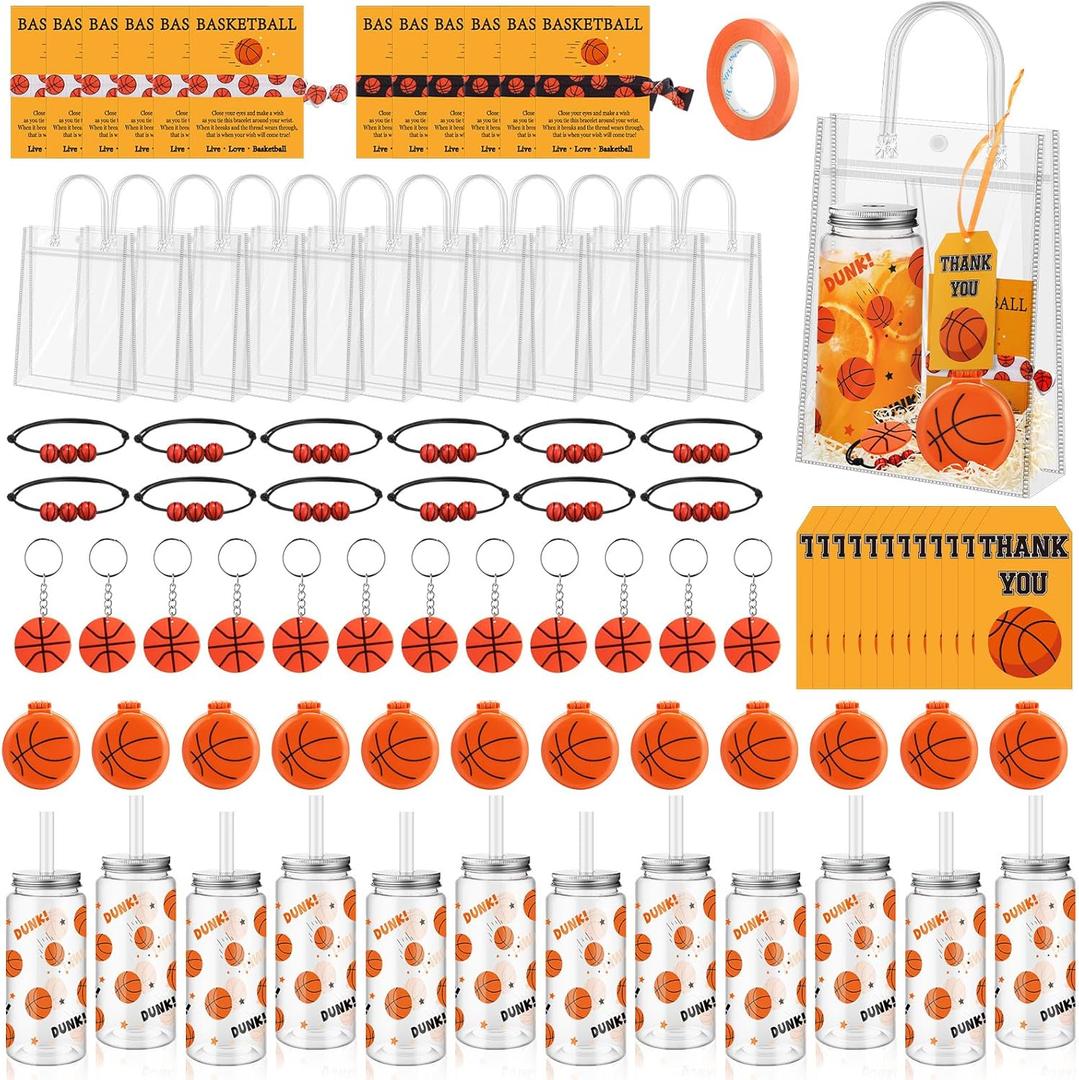 145 Pcs Basketball Party Favor Set Plastic Bottles Adjustable Bracelet Folding Mirror Brushes Rubber Keyring Hair Tie Motivational Gift Tags Goodie Bag for Sport Party Supplies Decoration