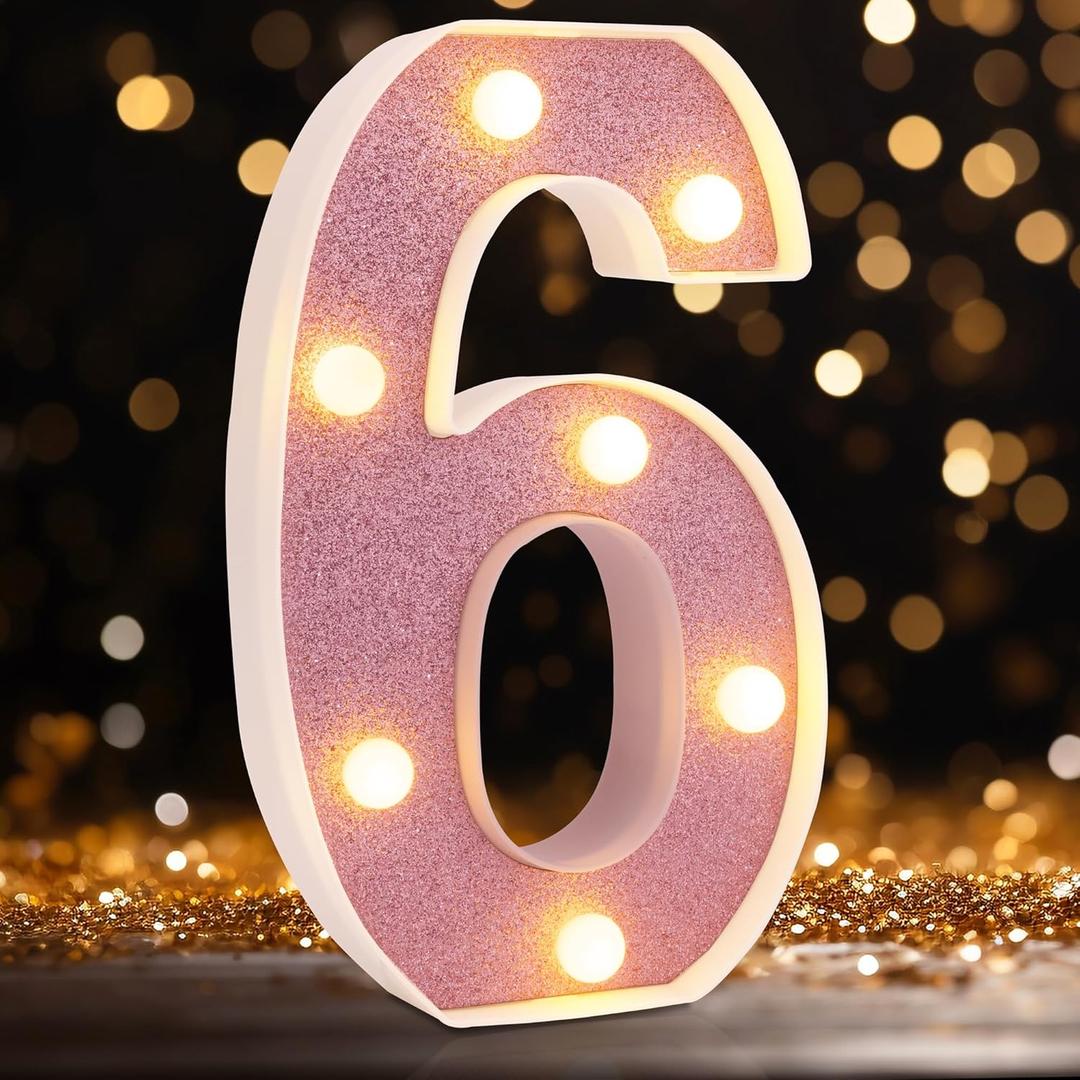 LED Marquee Numbers, Small Light Up Numbers for Party, 8.58 Inch Battery Powered Lighted Number for Birthday, Night Light, Table or Home Decor (Pink Glitter, Number 6)