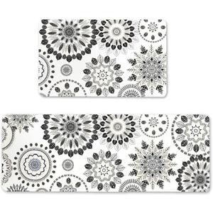 Floral Kitchen Rug Set of 2 (17x30 +17x47) - White Kitchen Mats with Black Flowers | Non-Slip Backing, Water-Resistant Floral Rugs for Kitchen Floor | Washable Kitchen Decor