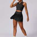 Women 2 Piece Tennis Dress High Waisted Pleated Skirt Sets Seamless Golf Outfits Sleeveless Racerback Padded Crop Top (Black)
