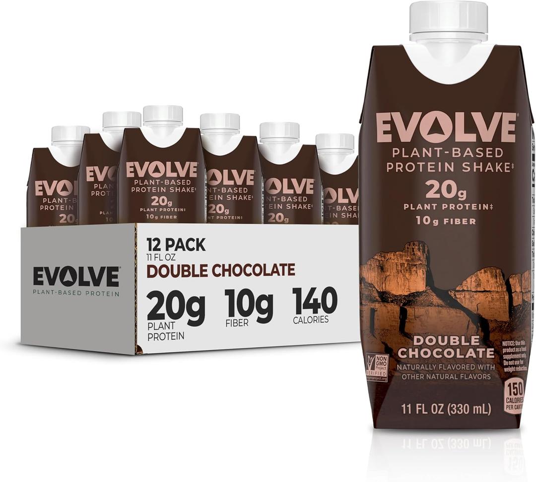Evolve Plant Based Protein Shake, Double Chocolate, 20g Vegan Protein, Dairy Free, No Artificial Sweeteners, Non-GMO, 10g Fiber, 11 Fl Oz (Pack of 12) - (Formula May Vary) (EXP 05/14/26)