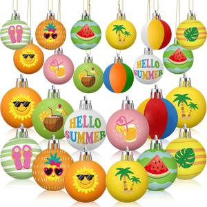 Soulchen 24 Pcs Mini Summer Tree Ornaments Ball 1.2 Inch Small Hawaii Plastic Ball Hanging Decoration with String for Party Favors Decor