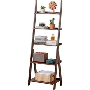 Maydear Bamboo Ladder Shelf Bookcase, 5-Tier Leaning Bookshelf Free Standing Organizer Storage Shelves for Living Room, Bedroom, Kitchen, Home Office, Balcony, Walnut