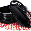 Plastic Food Baskets with Liners,120 Sheets Red Checkered Deli Paper Liners and 12 Black Fast Food Basket Bulk, Classic Reusable Baskets with Waxed Paper Liners (Black Baskets & Red Liners)