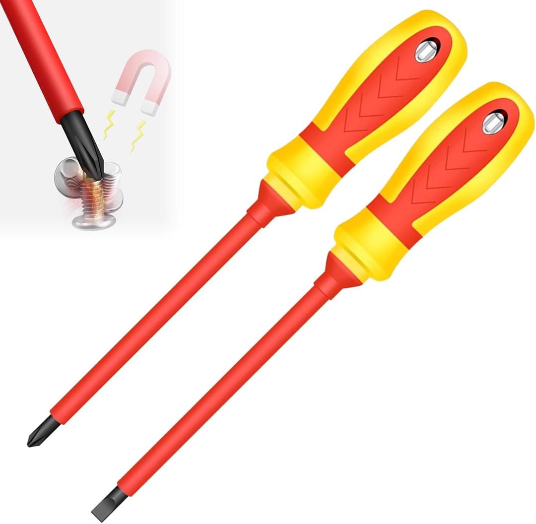 2Pcs Magnetic Screwdrivers Set Phillips and Flat Screwdriver, 1000v Insulated Screwdrivers 4 Inch Multi-purpose Cross Slot Screwdriver Set Cushion Grip Handle for Electricians