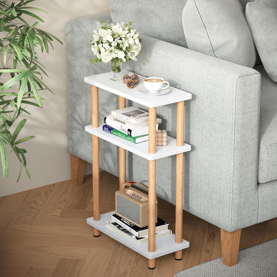 Apicizon 3 Tier End Table, Narrow Side Table with Storage Shelf, Bedroom, Living Room, Entryway, Farmhouse, White and Natural