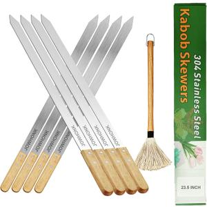 23.5" Long Kabob Skewers,1 Inch Wide 304 Stainless Steel Barbecue Skewers for Grilling with Wooden Handle,Metal Flat BBQ Skewer for Koubideh Brazilian Shish Kebab Skewer(8),BBQ Mop Brush(1)