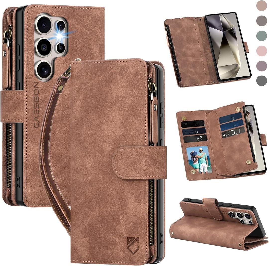 for Samsung Galaxy S24-Ultra-Wallet Case: with RFID Blocking Card Slots (6 Cards) | Soft PU Leather Magnetic Snap Zipper Pocket | Crossbody Wrist Strap Protective Phone Cover - Brown