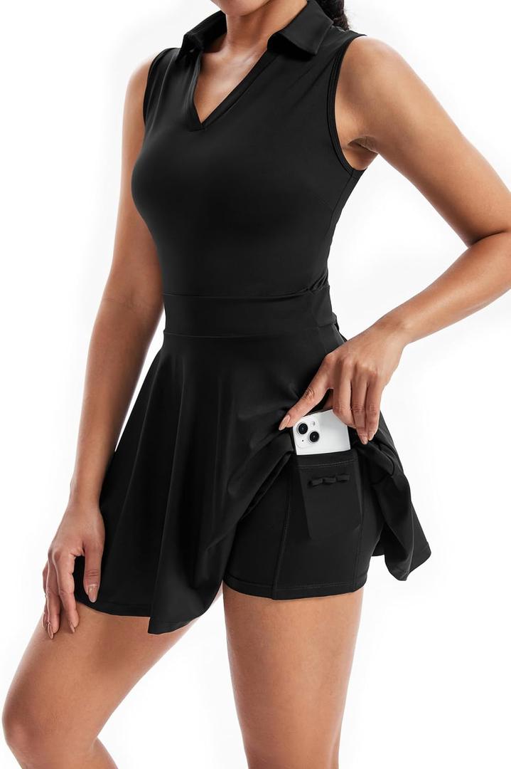 Tennis Golf Dress Workout Athletic Dresses for Women with Pockets Shorts 2 Piece Sets Outfits Cute Clothes Summer (Medium, Black)