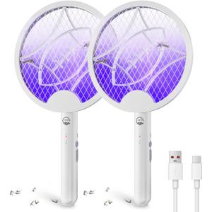 Electric Fly Swatter Racket, Mosiller 2 in 1 Smart Bug Zapper & Power Take Off Generators with USB Rechargeable Base, Powerful Mosquitoes Trap Lamp & Fly Killer for Home, Bedroom (White2 Pack)