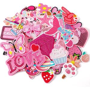 60pcs Pink Embroidered Patches Random Assorted Styles Pink Theme Iron on Patches for Girls Western Cowgirl DIY Sew Applique Repair Patch Cute Preppy Sew on Patches for Backpacks Pants Clothes Jeans