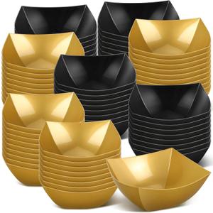 Sliner 100 Pcs Square Plastic Bowls Plastic Serving Bowls Disposable Chip Containers for Parties Snack Fruit Candy Containers for Candy Buffet Salad Bar Buffet Party Supplies (Gold, Black, 8 oz)