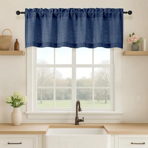 OVZME Navy Blue Valance for Windows, Light Filtering Faux Linen Textured Small Short Valance Kitchen Curtain, Dual Rod Pocket Top Short Window Curtain for Bathroom Basement Farmhouse, 1 Piece, 60Wx16L