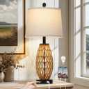 CINSARY 27" Boho Rattan Table Lamp with Night Light, Wicker Bedside Lamp with USB A+C Charging Port, Woven Coastal Bedroom Lamps for Nightstand, Tall Farmhouse Lamps for Living Room Single