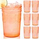 Ciaell 12 Pack Romantic Plastic Water Glasses - 14 Oz Amber Vintage Drinking Glasses, Embossed Ribbed Plastic Cups, Textured Striped Set for Juice, Beverages, Beer, Cocktai