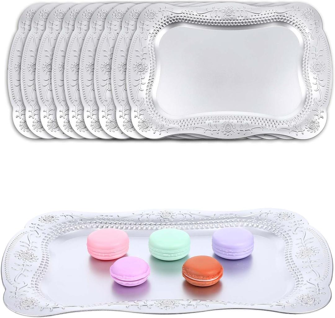 10 Pcs Plastic Serving Trays Rectangle Platters for Dessert Display Tray for Decoration Embossed Serving Platter Dish for Parties, Weddings, Engagements, Birthdays (13" x 9",Silver)