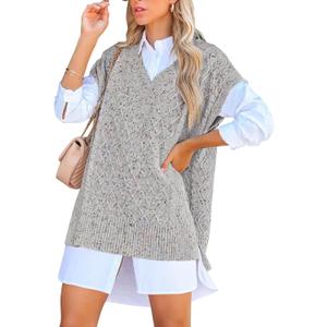 Viottiset Women's Oversized V Neck Knit Sweater Vest Tunic Sleeveless Pullover Top (S)