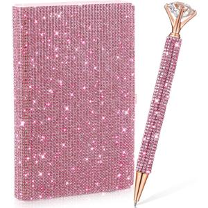 Rhinestone Notebook Pen Sets Glitter Pocket Notebook Crystal Pens Mini Diamond Journal Hardcover Bling Diary Office Desk Accessories for Women Birthday Gift(Rhinestone,A6,Pink)