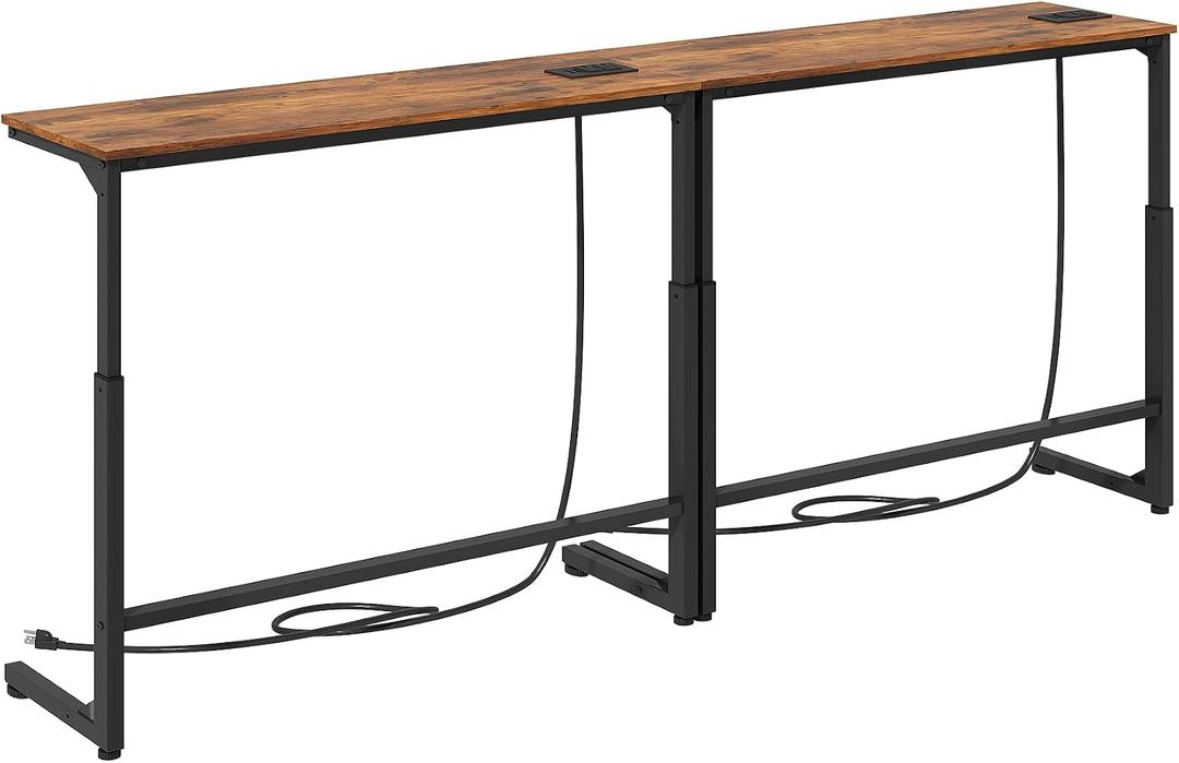 Kitstorack Narrow Sofa Table with Charging Station, 78.8" Behind Couch Table, Adjustable 24.4"-32.7" Height, Modular 2-piece Design for sectionals, entryways, Apartments, and Narrow Living Spaces, 7.99"D×78.8"W