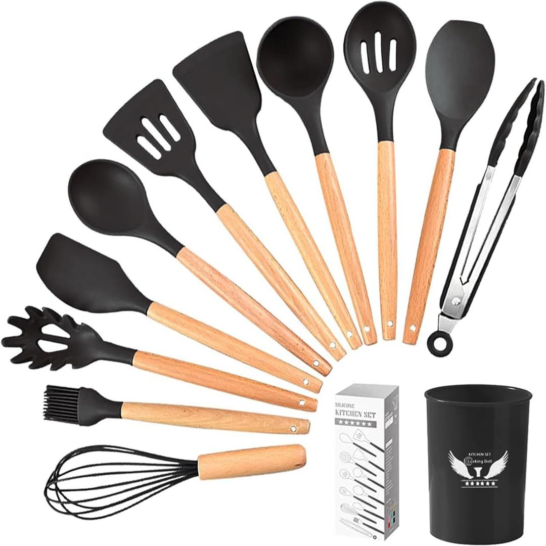 Silicone Cooking Utensils Set, 11 Pcs Black Silicone Cooking Utensils Set, Nonstick & 230C Heat Resistant Cooking Utensils with Wooden Handle, Cooking Utensil Set for Culinary Enthusiast (Black)