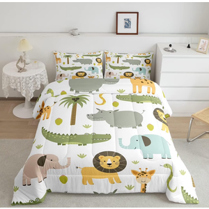 Wild Animals Comforter Set Safari Animals Print Comforter for Boys Girls Teens Cute Hippo Crocodile Lion Bedding Set Kids Cartoon Elephant Giraffe Duvet Set Room Decor Quilt Set, Crib/Toddler Bed