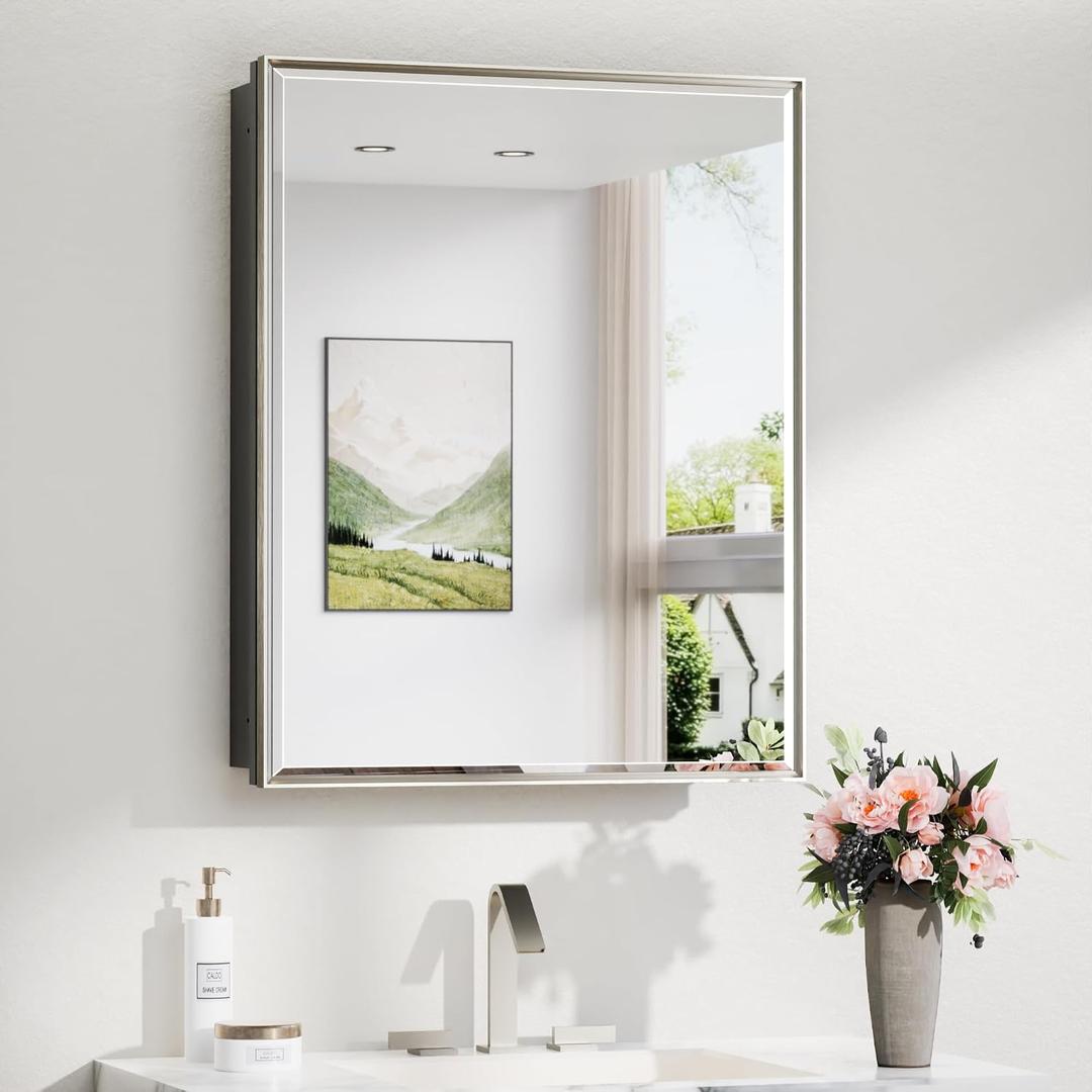 TokeShimi 24x30 Bathroom Mirrored Medicine Cabinet, Recessed Medicine Cabinet with Mirror, Aluminum Framed Brushed Nickel Mirror with Storage Adjustable and Quiet Hinge