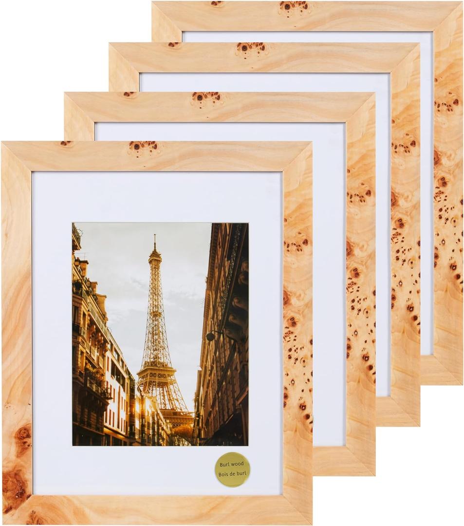 Concepts - 11X14 Burl Wood Picture Frames Matted To 8x10 -Natural Wood Finish Picture Frames for Family Photos - Elegant Wallhung Decor in Bulk , 4 Pack