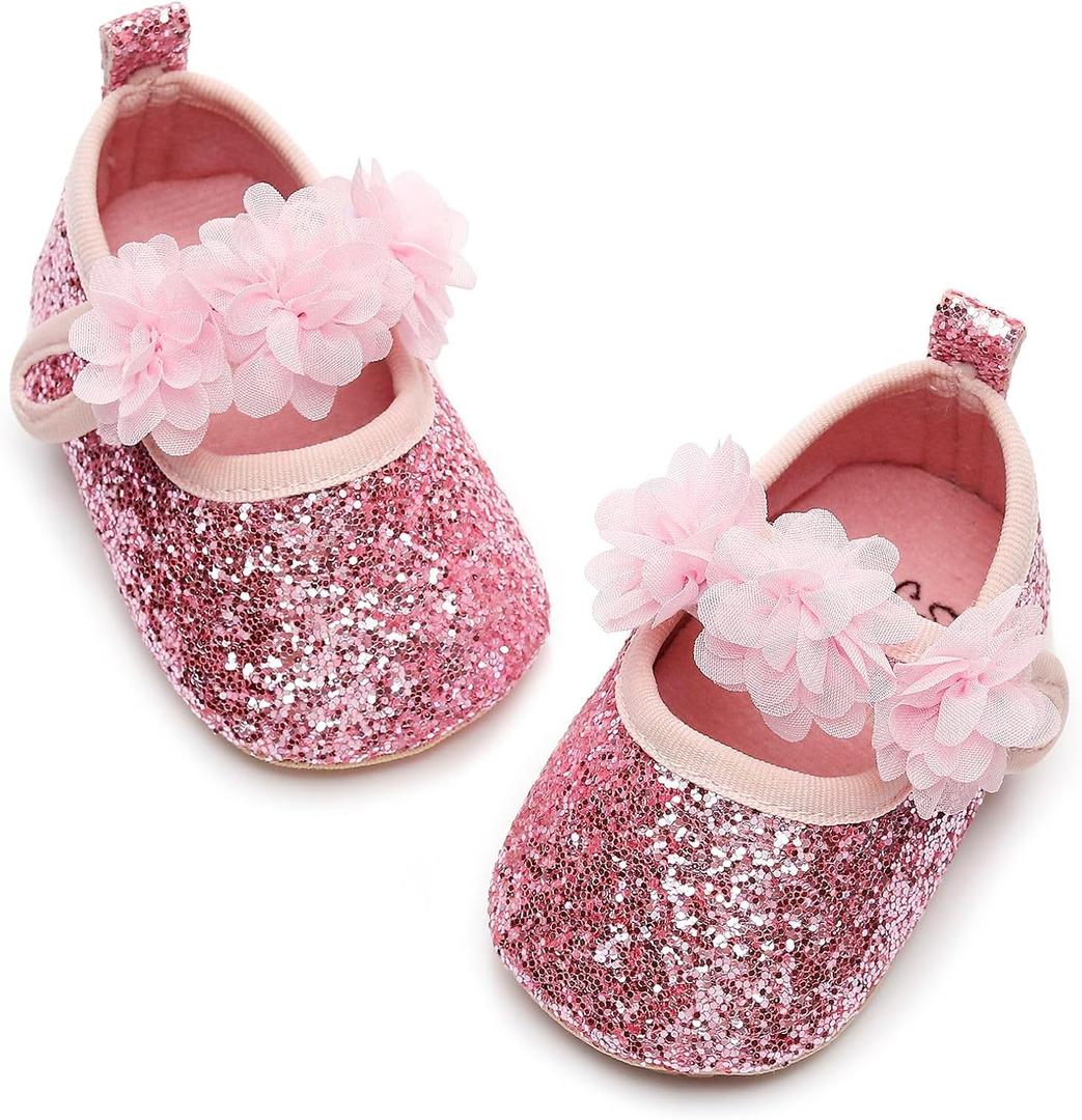 HONGTEYA Infant Baby Girls Mary Jane Flats Non Slip for Toddler First Walkers Soft Sole PU Leather Crib Shoes Sneaker Wedding Party Christmas Princess Dress Shoes Baby Moccasins Girls (Pink)