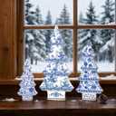 3 Pcs Chinoiserie Christmas Trees Decor Blue and White Christmas Tabletop Decorations Wood Chinoiserie Porcelain Xmas Trees Centerpiece for Table Fireplace Shelf Home Decor