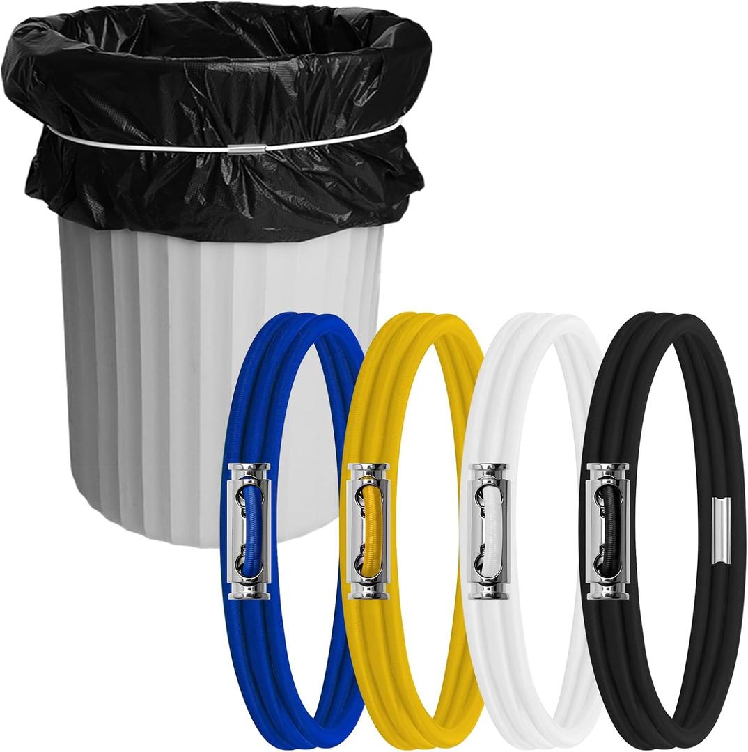 4PCS 4 Colors Garbage Can Rubber Bands - 140cm Adjustable Elastic Bands Fit 8-33 Gallon Trash Cans Litter Box - Cord Lord Heavy Duty Garbage Bags Band for Home Office School Picnic Indoor & Outdoor