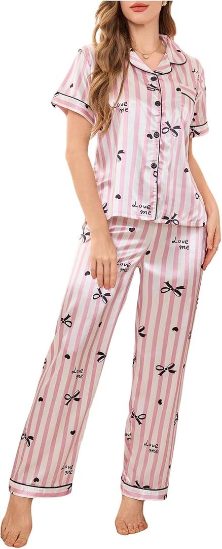 WDIRARA Women's Striped Bow Print Satin Pajama Set Short Sleeve Button Down Pants Pjs 2 Piece Sleepwear Multicolor Large