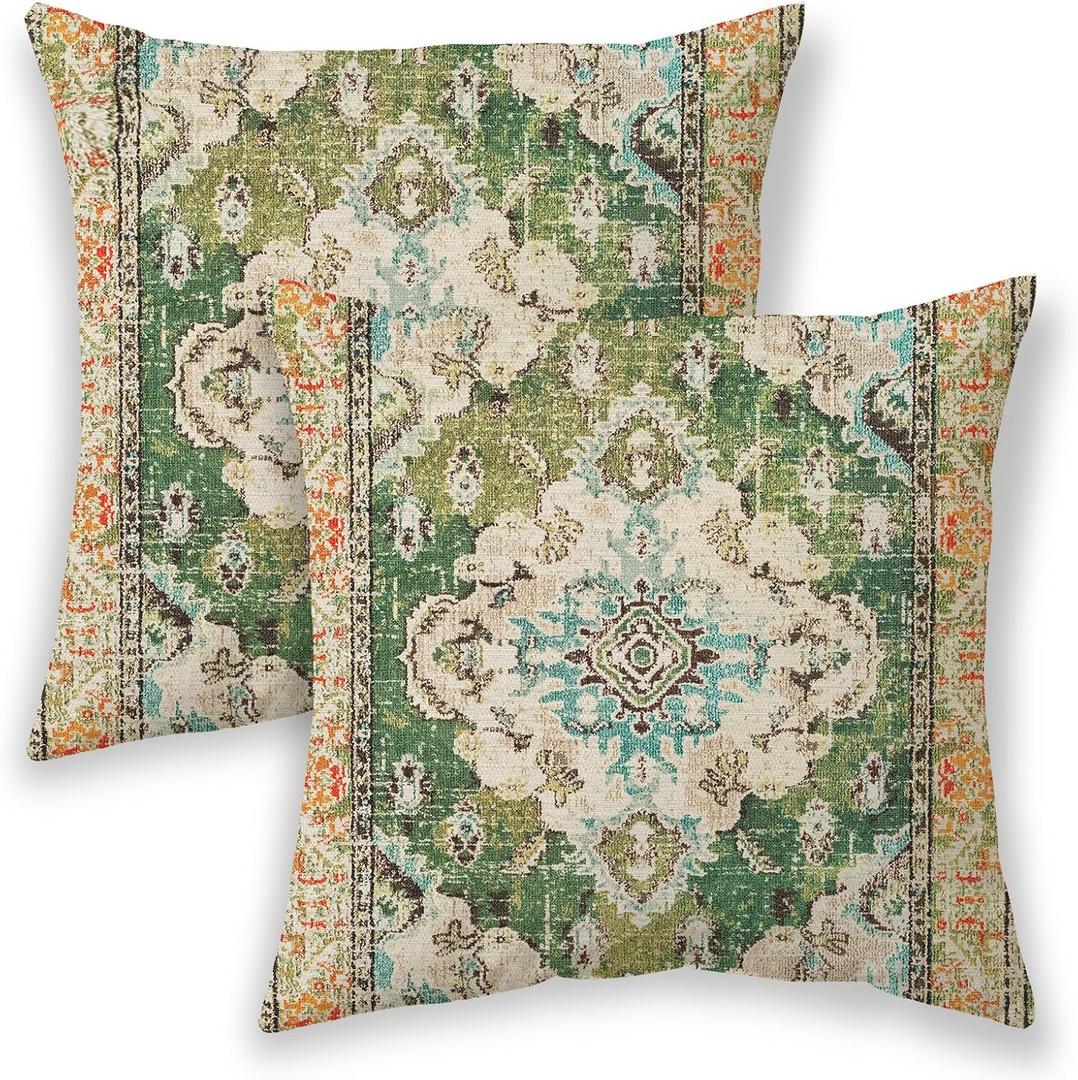 BETGINY Boho Pillow Covers 18x18, Olive Green Ethnic Design Outdoor Decorative Throw Pillows for Couch, Carpet Pattern Decor Cushion Cover 2 Pcs Farmhouse Linen Pillowcase for Bed Car Safa