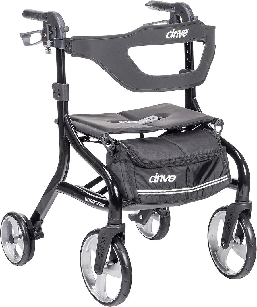Drive Medical Nitro Sprint Foldable Rollator Walker with Seat - Lightweight Support - Large Wheels - Compact Folding Design - Adjustable Comfort - Standard Size - Black