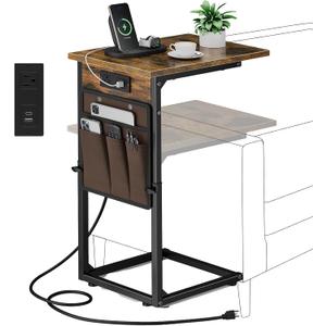 Vagusicc C Shaped End Table with Charging Station, Adjustable Height Side Table for Couch, Small Sofa Table with Storage Bag, Slide Under Sofa TV Tray Snack Arm Tables for Living Room, Bedroom, Brown , 16"D x 12"W x 33"H