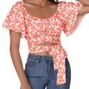 Rooscier Women's Ruched Wrap Ruffle Flare Square Neck Short Sleeve Self Tie Crop Top Blouse Floral Pink Small (S)