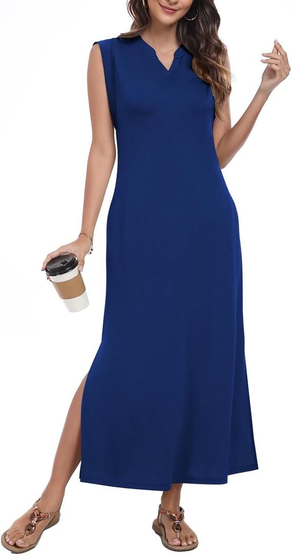 Women's Slim Fit Maxi Dress 2025 Summer Sleeveless Casual Elegant Vacation Dress with Pockets,Navy Blue, Small