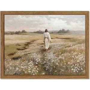 Framed Jesus Wall Art, Vintage Christian Canvas Wall Decor Pictures, Jesus Walking in Field Posters Prints, Rustic Religious Home Decor for Living Room Bedroom Church Prayer Room 16x24 Inch