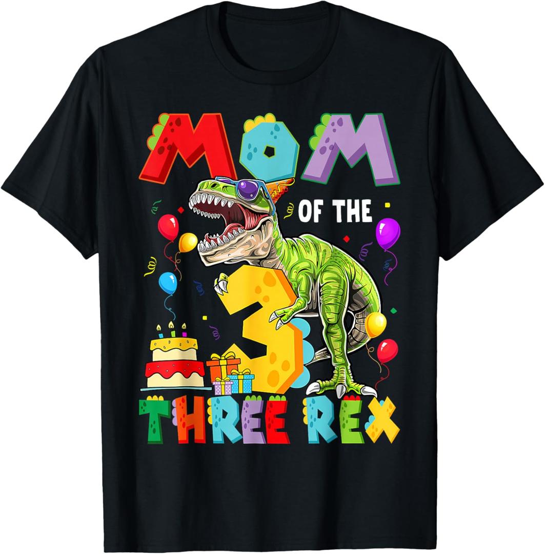 Mom Of The Three Rex 3Rd Birthday Boy Dinosaur T-Rex T-Shirt (Black). S Size