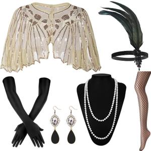 1920s Flapper Accessories Set, Roaring 20s Accessories Women Feather Headpiece Necklace Earrings Long Gloves (Apricot)