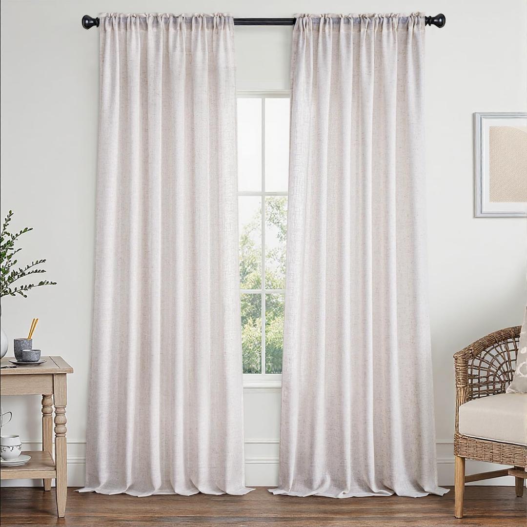 MIULEE Linen White Curtains 90 Inch Length 2 Panels Set for Living Room Bedroom Semi Sheer Light Filtering Farmhouse Rod Pocket Long Soft Thick Linen Textured Window Drapes W42XL90