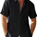 Runcati Mens Linen Cuban Guayabera Shirts Button Down Short Sleeve Shirt Cotton Hippie Summer Beach Vacation Shirts (Black, L)