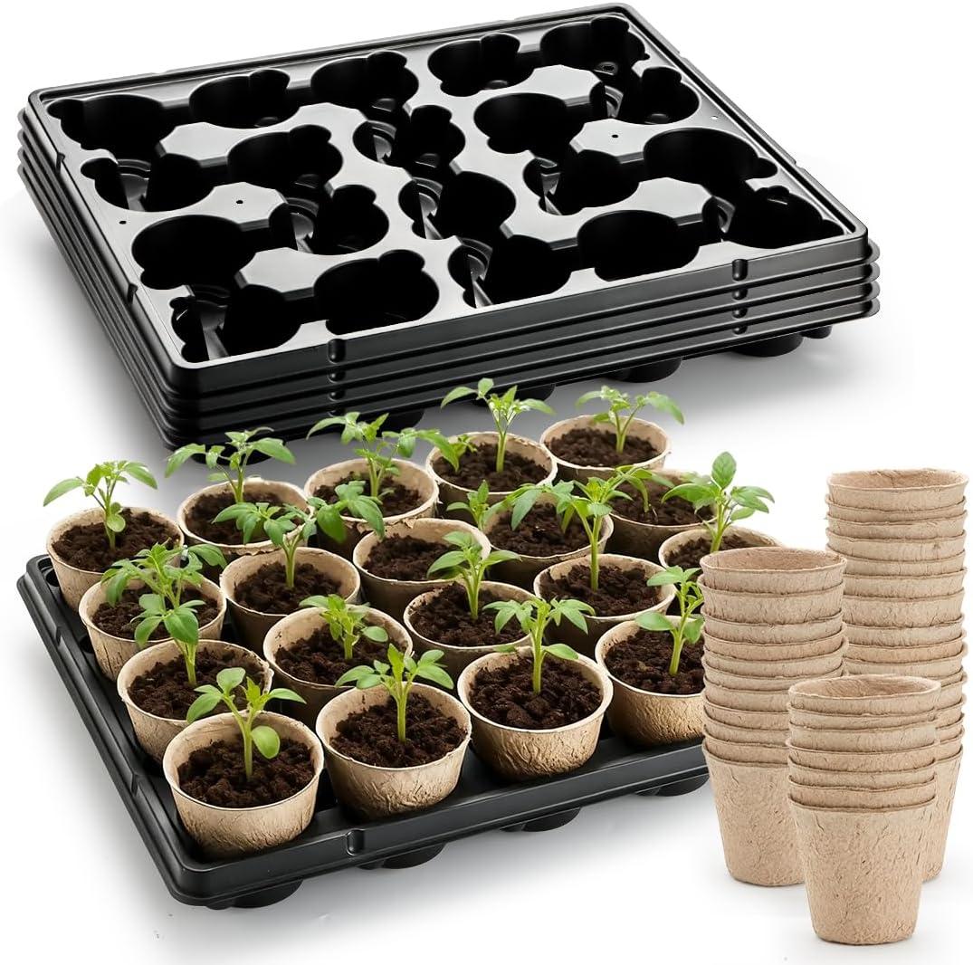 RooTrimmer 3.15 Inch Peat Pots 100 Pcs with 20 Cell Seedling Trays 5 Pcs, Biodegradable Seed Starter Pots with Drainage, Reusable Nursery Tray for Seed Starting Indoor Gardening Propagation Kit 5 Sets (Black)