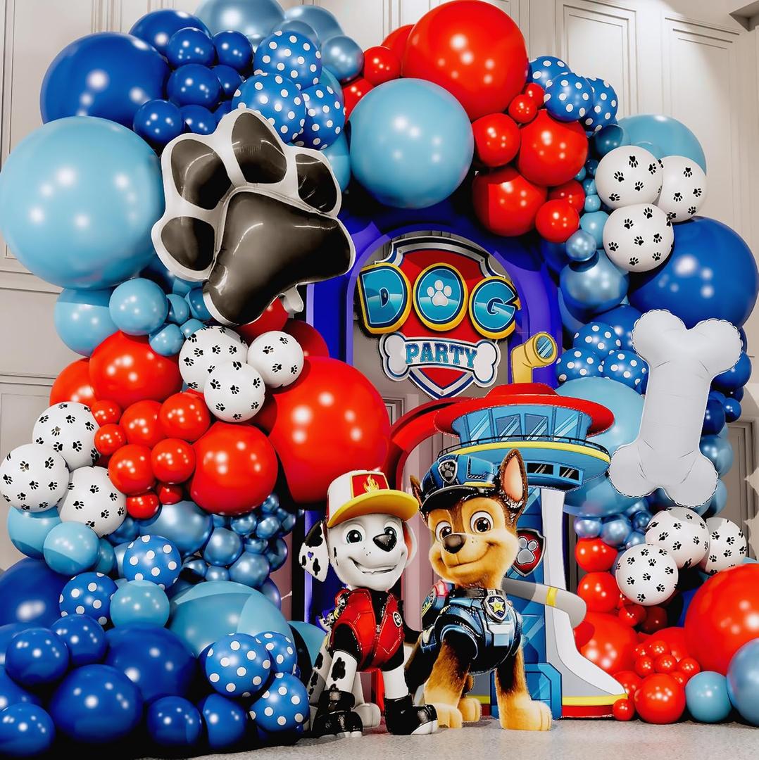 ALL-IN-1 Paw Balloon Arch & Garland Kit with BONUS Dog Bone  Small and Large Red, Dark Blue Paw Balloons  Chase Paw Birthday Party Decorations & Supplies  Boy