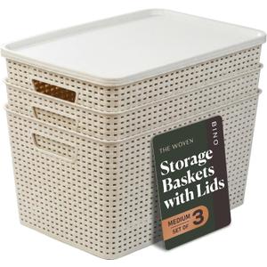 3 x BINO | Plastic Storage Baskets with Lids, 22 Liter - 3 Pack, Natural | THE WOVEN COLLECTION | Storage Basket for Shelves | Woven Storage Baskets for Organizing Bins | Pantry Shelf Organizer Bin