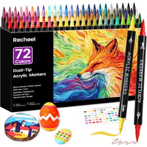 Recheel 72 Colors Acrylic Paint Markers, Dual Tip with Fine Tip and Brush Tip Pens for Stone, Wood, Canvas, Glass, Ceramic, Metal, Rock, Fabric, DIY Art Projects